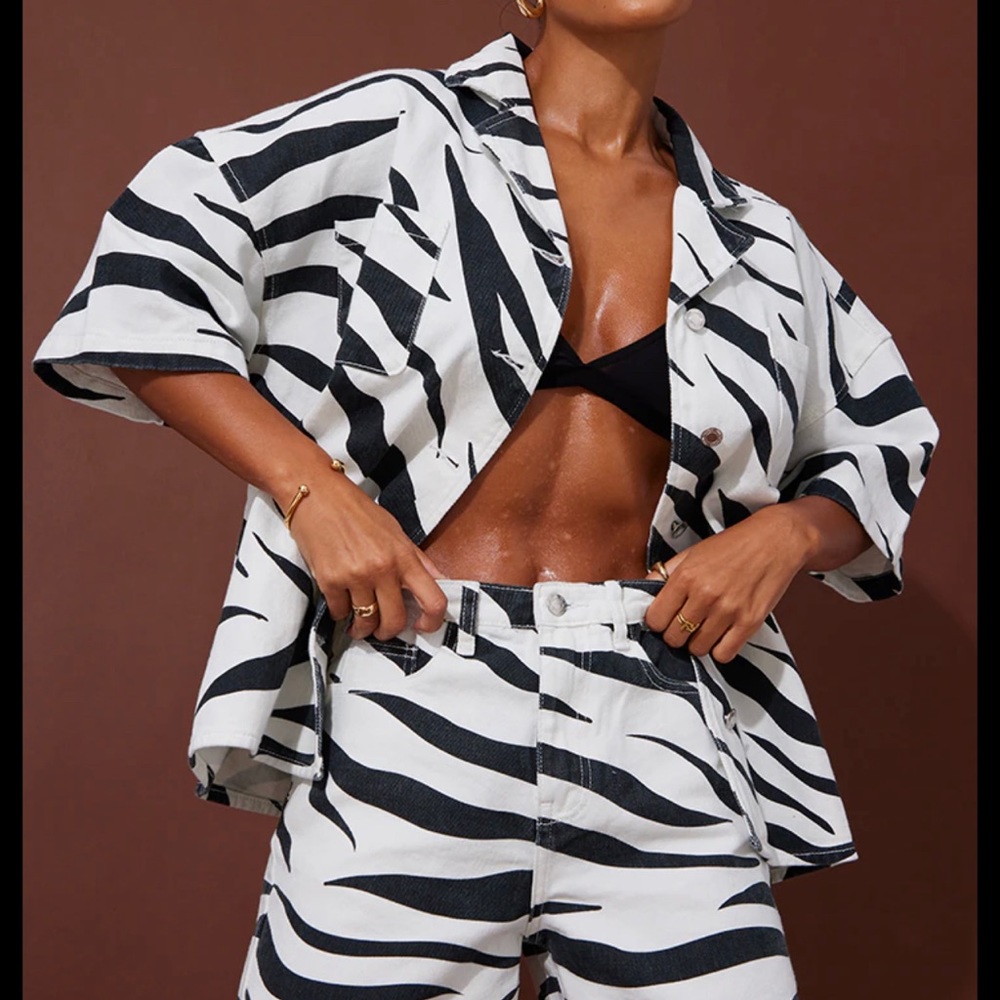 Oversized denim multi zebra print shirt